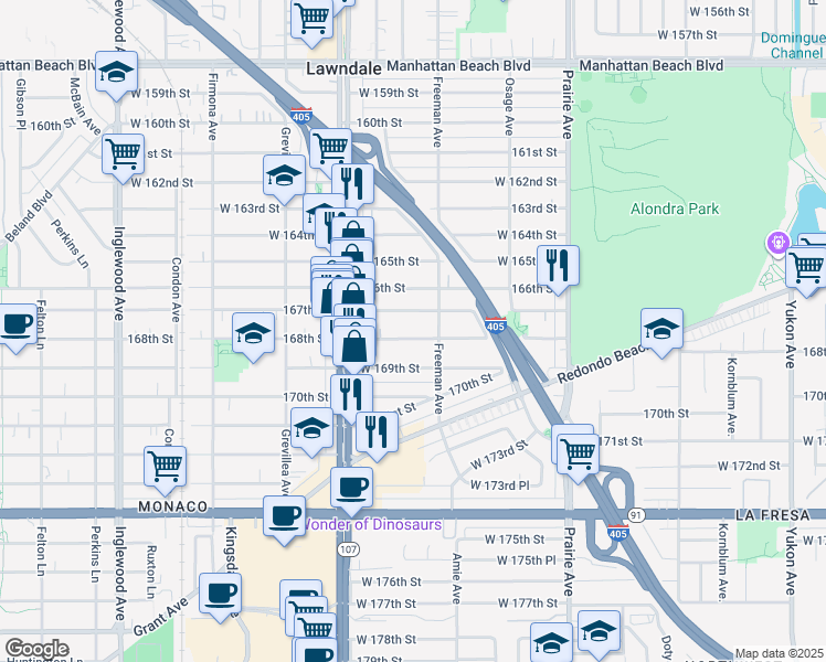 map of restaurants, bars, coffee shops, grocery stores, and more near 4227 168th Street in Lawndale