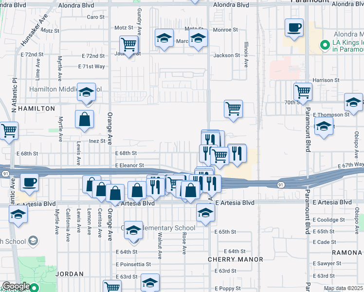 map of restaurants, bars, coffee shops, grocery stores, and more near 1731 East 68th Street in Long Beach