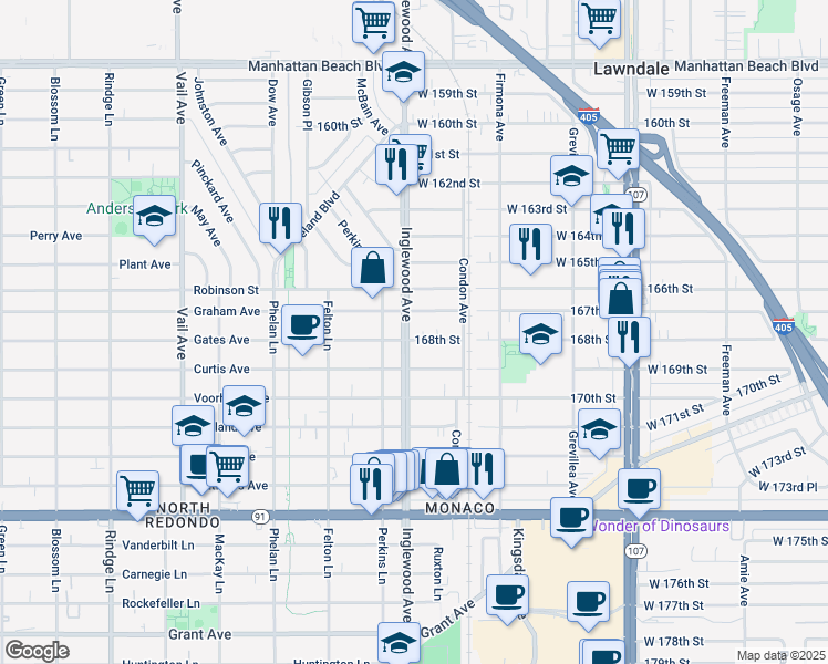 map of restaurants, bars, coffee shops, grocery stores, and more near 4738 167th Street in Lawndale