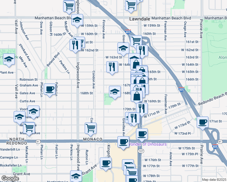 map of restaurants, bars, coffee shops, grocery stores, and more near 4543 168th Street in Lawndale