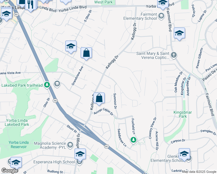 map of restaurants, bars, coffee shops, grocery stores, and more near 5640 Kellogg Drive in Yorba Linda