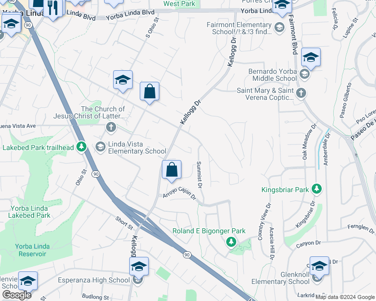 map of restaurants, bars, coffee shops, grocery stores, and more near 5640 Kellogg Drive in Yorba Linda