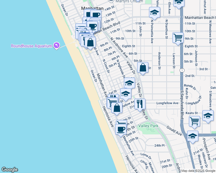 map of restaurants, bars, coffee shops, grocery stores, and more near 221 2nd Street in Manhattan Beach