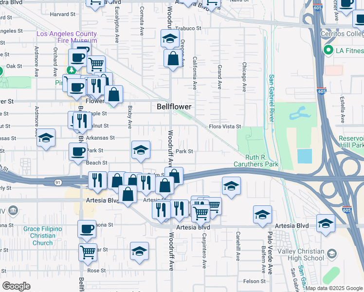 map of restaurants, bars, coffee shops, grocery stores, and more near 10229 1/2 Park Street in Bellflower