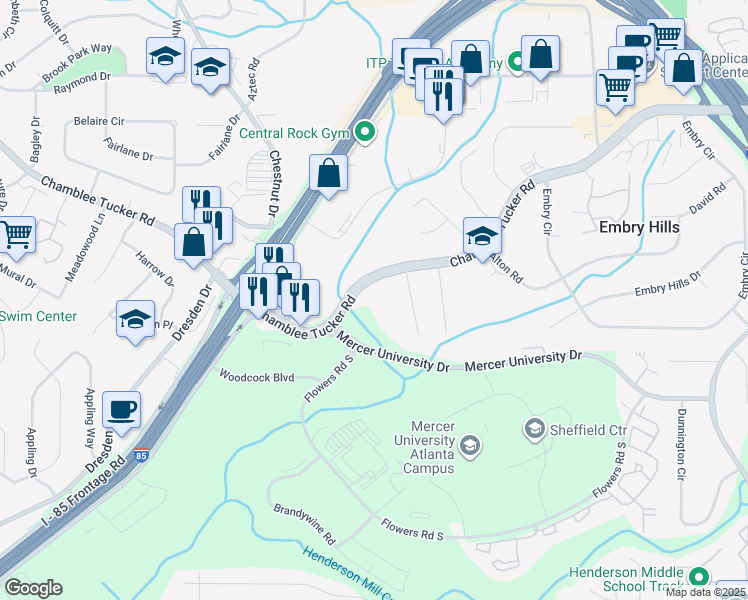 map of restaurants, bars, coffee shops, grocery stores, and more near 3005 Chamblee Tucker Road in Chamblee