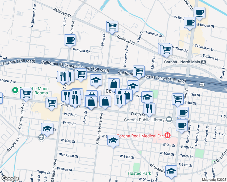 map of restaurants, bars, coffee shops, grocery stores, and more near Envoy Avenue in Corona