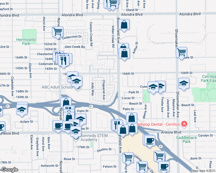 map of restaurants, bars, coffee shops, grocery stores, and more near 12512 Cuesta Drive in Cerritos