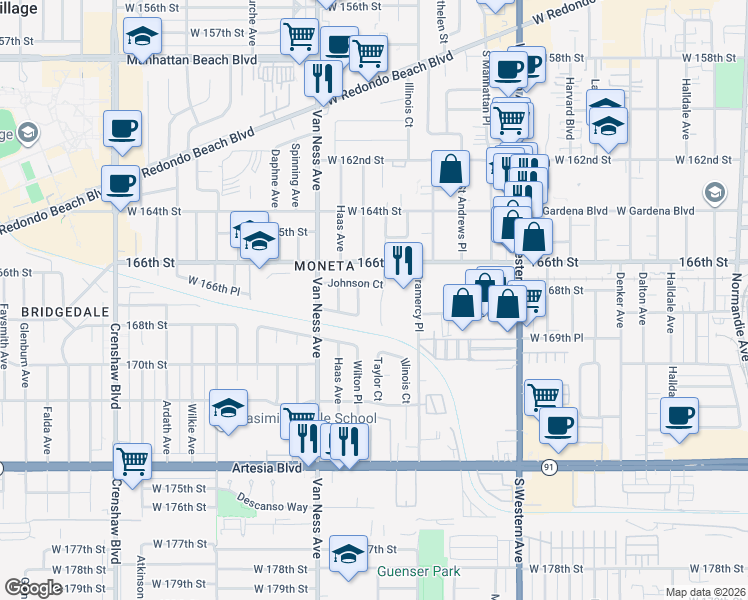 map of restaurants, bars, coffee shops, grocery stores, and more near 16645 Taylor Court in Torrance