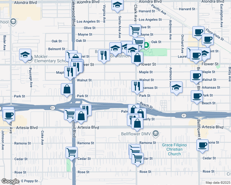 map of restaurants, bars, coffee shops, grocery stores, and more near 9237 Park Street in Bellflower