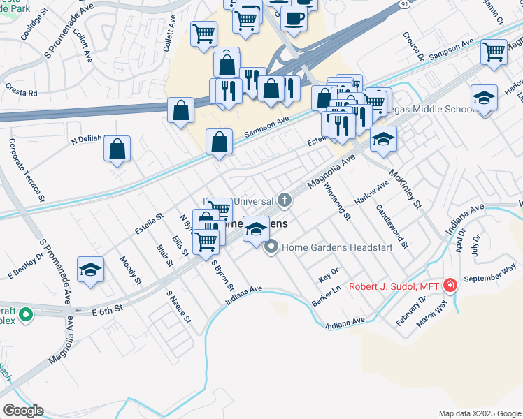 map of restaurants, bars, coffee shops, grocery stores, and more near 3827 Grant Street in Corona