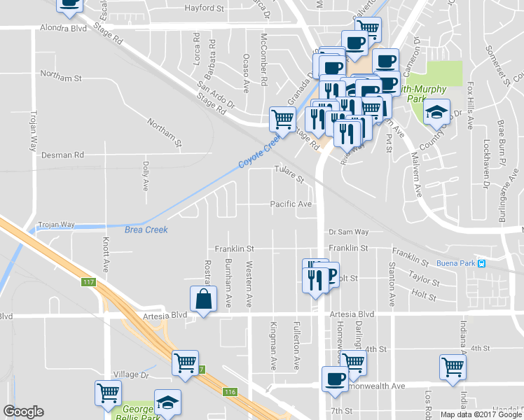 map of restaurants, bars, coffee shops, grocery stores, and more near 7542 Pacific Avenue in Buena Park