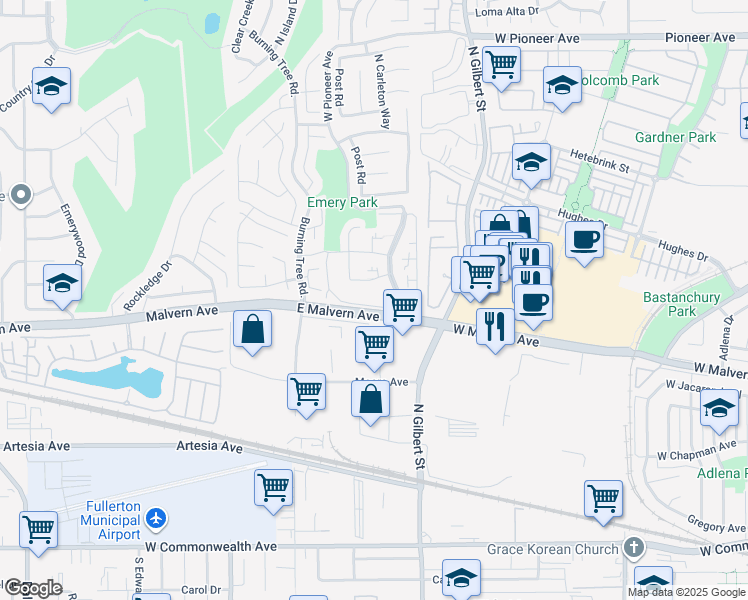 map of restaurants, bars, coffee shops, grocery stores, and more near 2523 Cypress Point Drive in Fullerton