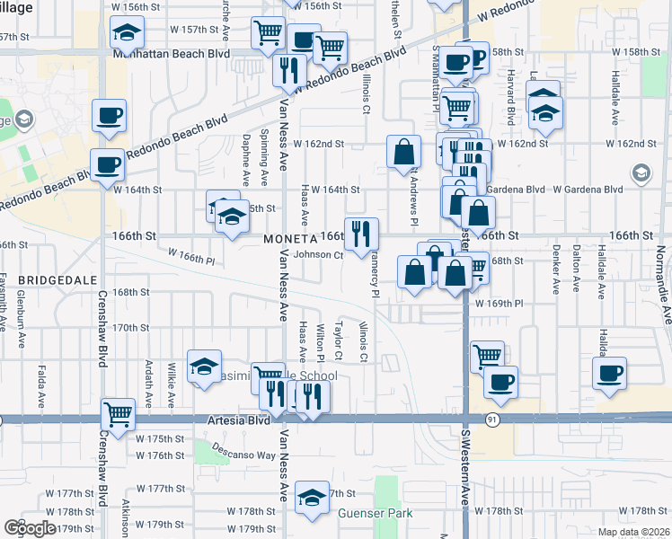 map of restaurants, bars, coffee shops, grocery stores, and more near 16645 Taylor Court in Torrance