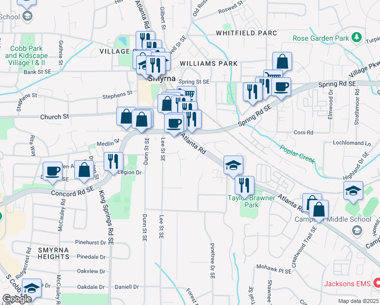 map of restaurants, bars, coffee shops, grocery stores, and more near 3030 Atlanta Road Southeast in Smyrna