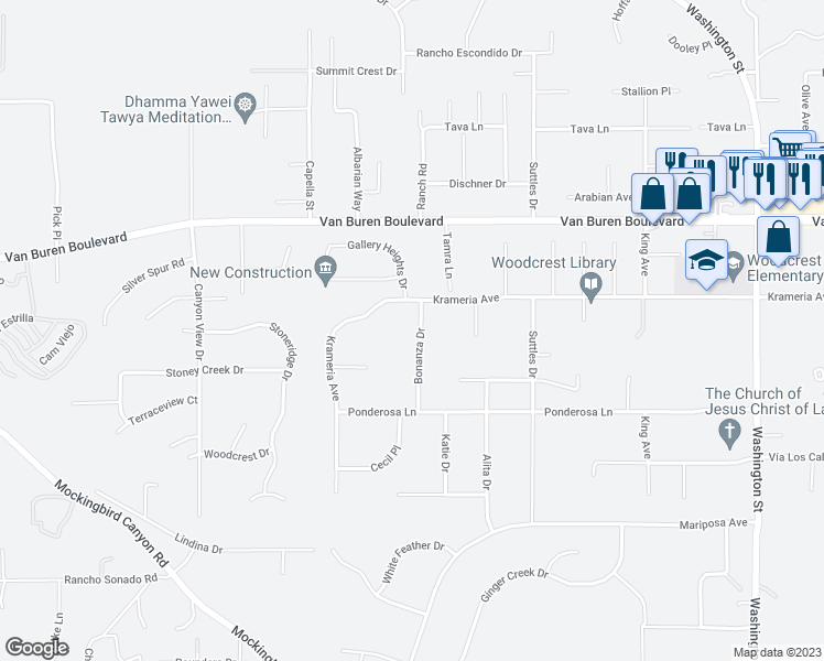 map of restaurants, bars, coffee shops, grocery stores, and more near 16575 Bonanza Drive in Riverside