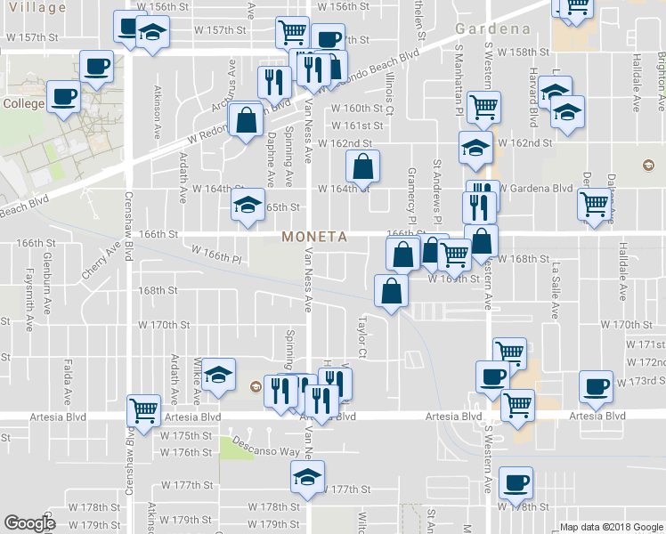map of restaurants, bars, coffee shops, grocery stores, and more near 16626 Haas Avenue in Torrance