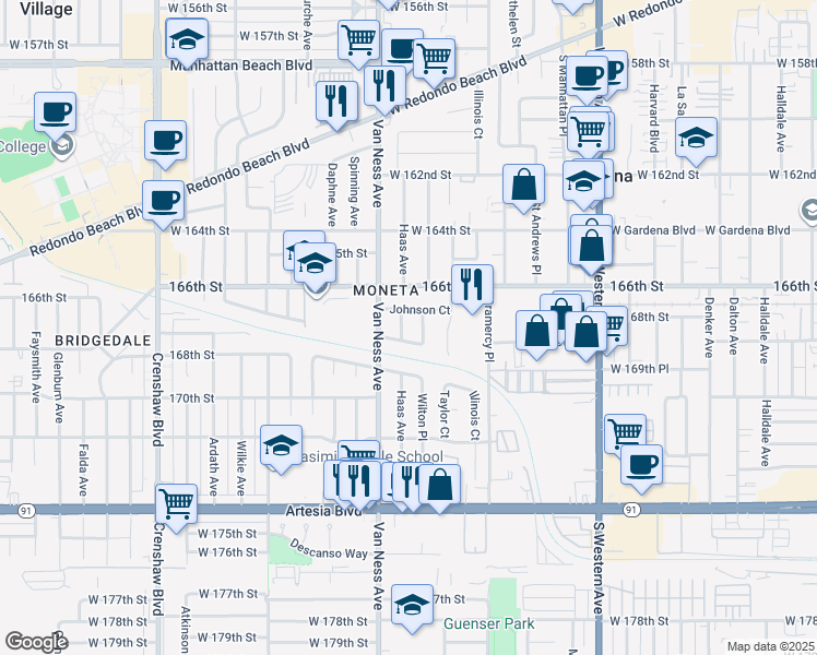 map of restaurants, bars, coffee shops, grocery stores, and more near 16626 Haas Avenue in Torrance