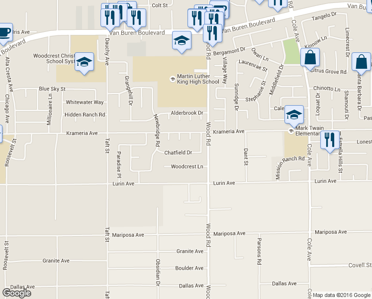 map of restaurants, bars, coffee shops, grocery stores, and more near 18906 Chatfield Drive in Riverside