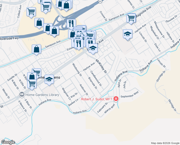 map of restaurants, bars, coffee shops, grocery stores, and more near 3641 Candlewood Street in Corona