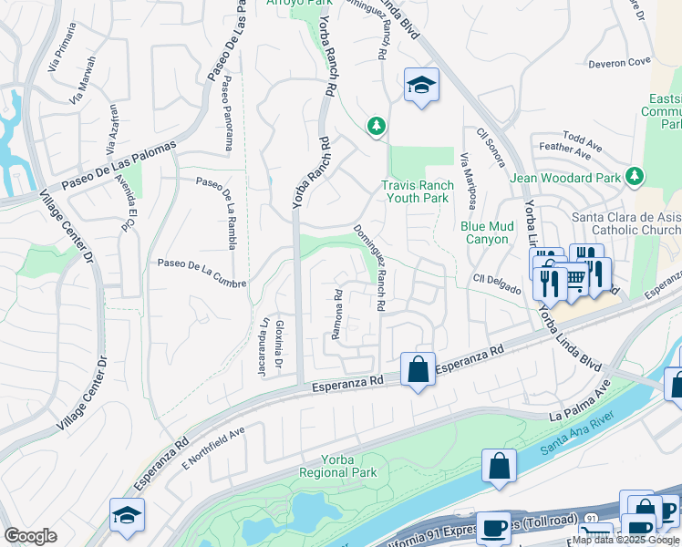 map of restaurants, bars, coffee shops, grocery stores, and more near 21121 Vía Corrillo in Yorba Linda