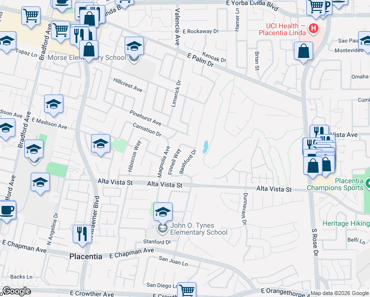 map of restaurants, bars, coffee shops, grocery stores, and more near 1005 Rashford Drive in Placentia
