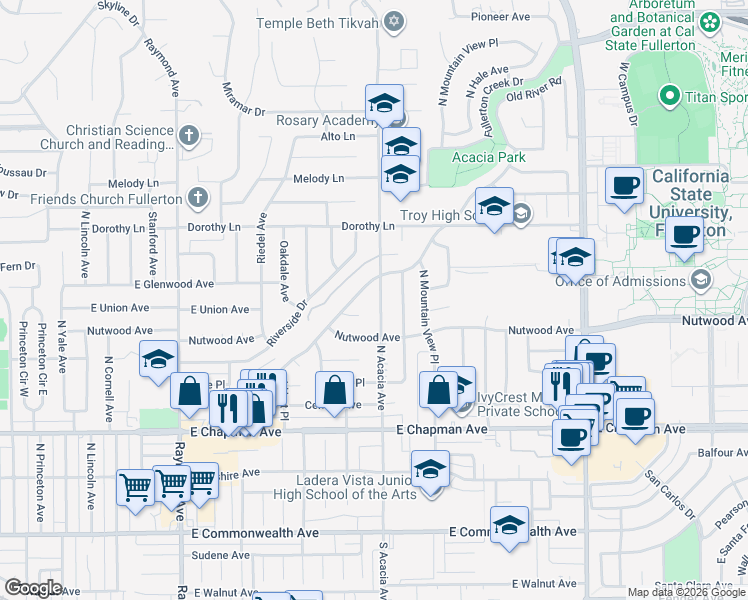 map of restaurants, bars, coffee shops, grocery stores, and more near 913 North Acacia Avenue in Fullerton