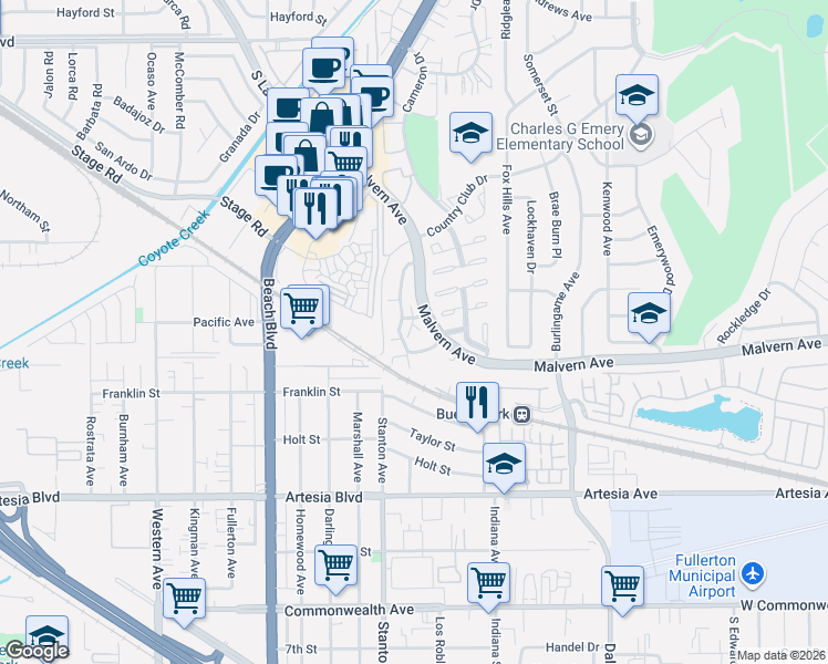 map of restaurants, bars, coffee shops, grocery stores, and more near 5506 Cajon Avenue in Buena Park