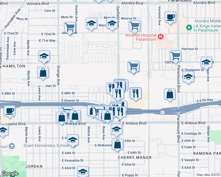 map of restaurants, bars, coffee shops, grocery stores, and more near 1821 East 68th Street in Long Beach