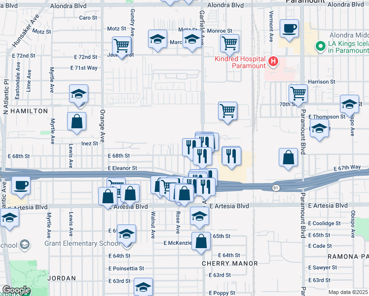 map of restaurants, bars, coffee shops, grocery stores, and more near 1821 East 68th Street in Long Beach