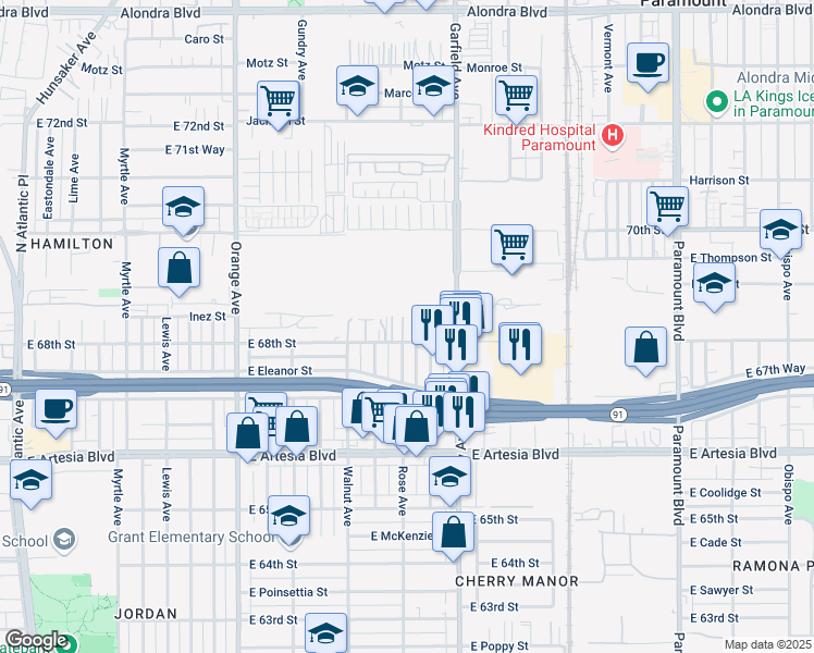 map of restaurants, bars, coffee shops, grocery stores, and more near 1821 East 68th Street in Long Beach