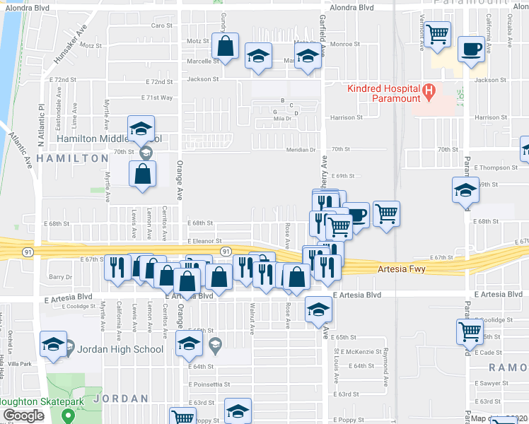 map of restaurants, bars, coffee shops, grocery stores, and more near 1601 East 68th Street in Long Beach