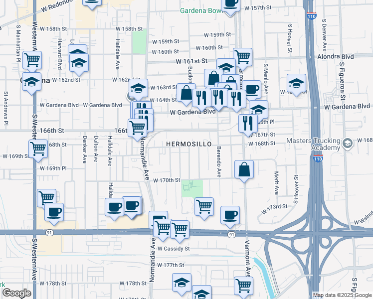 map of restaurants, bars, coffee shops, grocery stores, and more near 1221 West 168th Street in Gardena