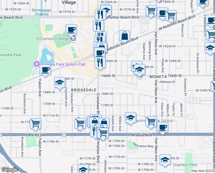 map of restaurants, bars, coffee shops, grocery stores, and more near 2803 West 167th Street in Torrance