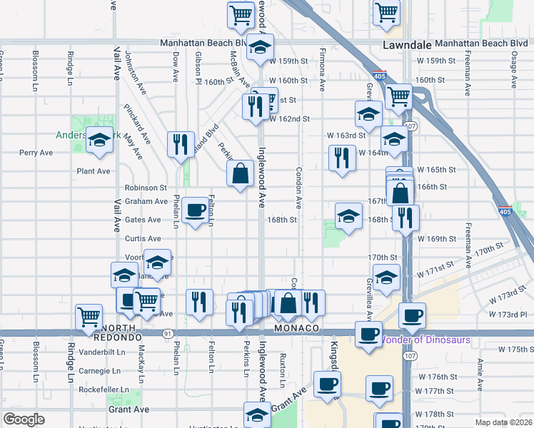 map of restaurants, bars, coffee shops, grocery stores, and more near 4738 167th Street in Lawndale