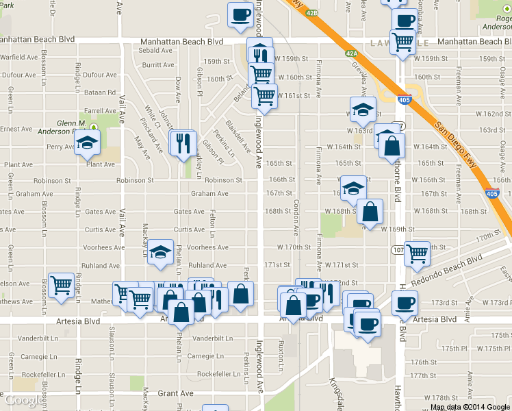 map of restaurants, bars, coffee shops, grocery stores, and more near 2606 Perkins Lane in Redondo Beach