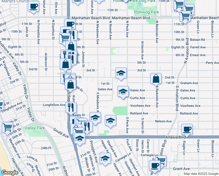map of restaurants, bars, coffee shops, grocery stores, and more near 1330 1st Street in Manhattan Beach