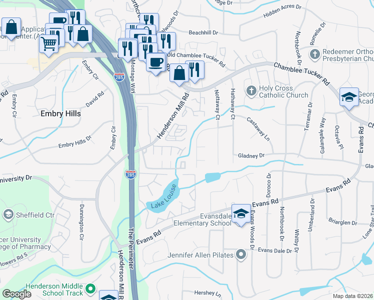 map of restaurants, bars, coffee shops, grocery stores, and more near 3524 Ashwood Lane in Atlanta