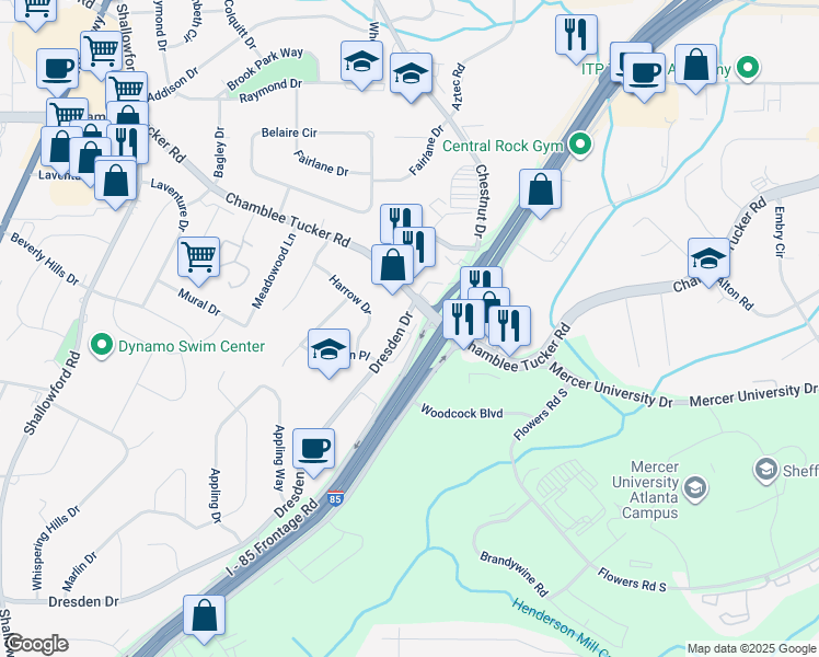 map of restaurants, bars, coffee shops, grocery stores, and more near 3118 Quantum Lane in Chamblee