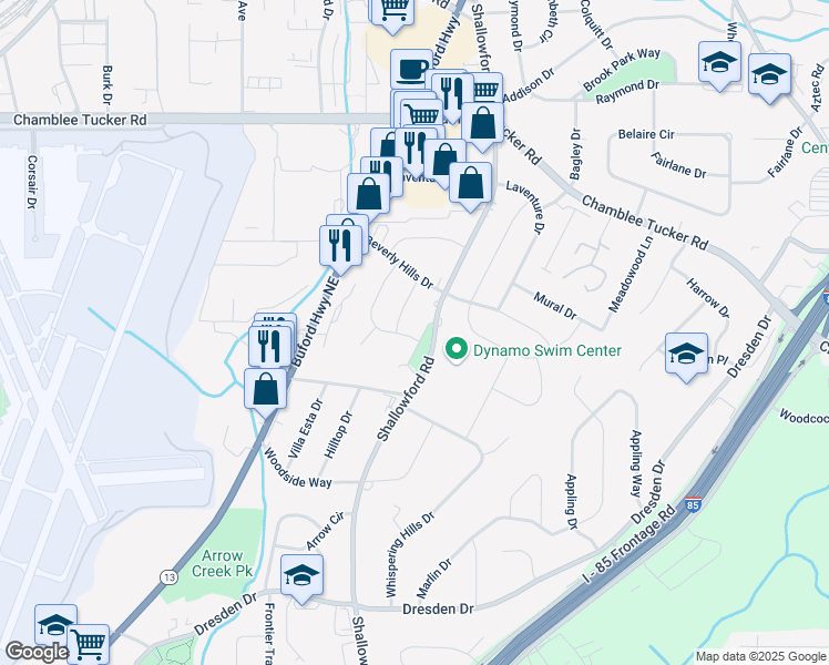 map of restaurants, bars, coffee shops, grocery stores, and more near 3128 Shallowford Place in Chamblee