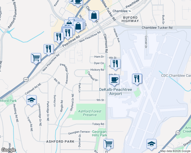 map of restaurants, bars, coffee shops, grocery stores, and more near 3079 Canfield Drive in Chamblee
