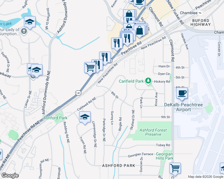 map of restaurants, bars, coffee shops, grocery stores, and more near 3091 Parkridge Crescent in Chamblee
