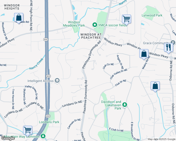 map of restaurants, bars, coffee shops, grocery stores, and more near 4555 Peachtree Dunwoody Road in Atlanta