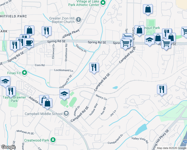 map of restaurants, bars, coffee shops, grocery stores, and more near 2241 Goodwood Boulevard Southeast in Smyrna