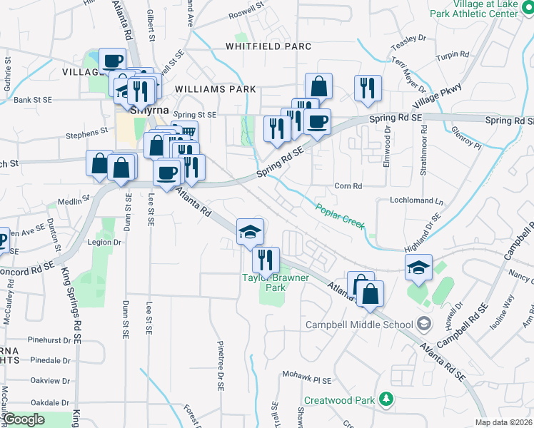 map of restaurants, bars, coffee shops, grocery stores, and more near 3058 Montclair Circle Southeast in Smyrna