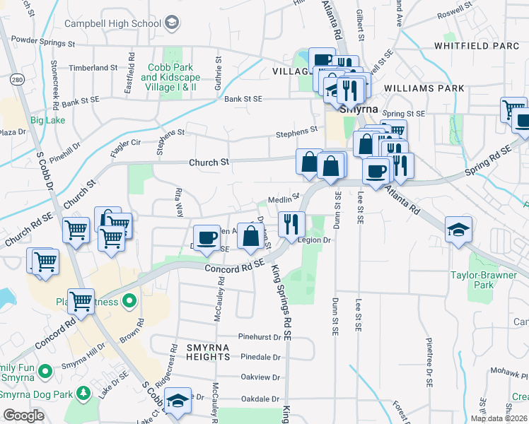 map of restaurants, bars, coffee shops, grocery stores, and more near 3083 Dunton Street in Smyrna