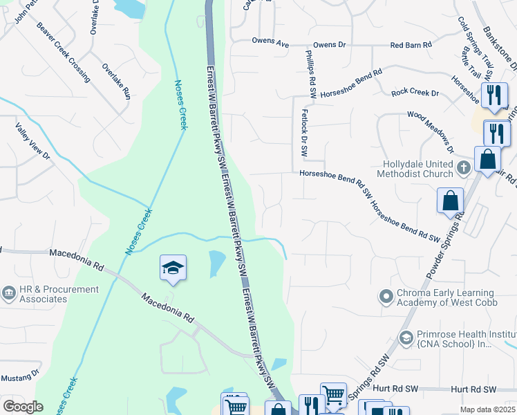 map of restaurants, bars, coffee shops, grocery stores, and more near 3012 Stirrup Lane Southwest in Marietta