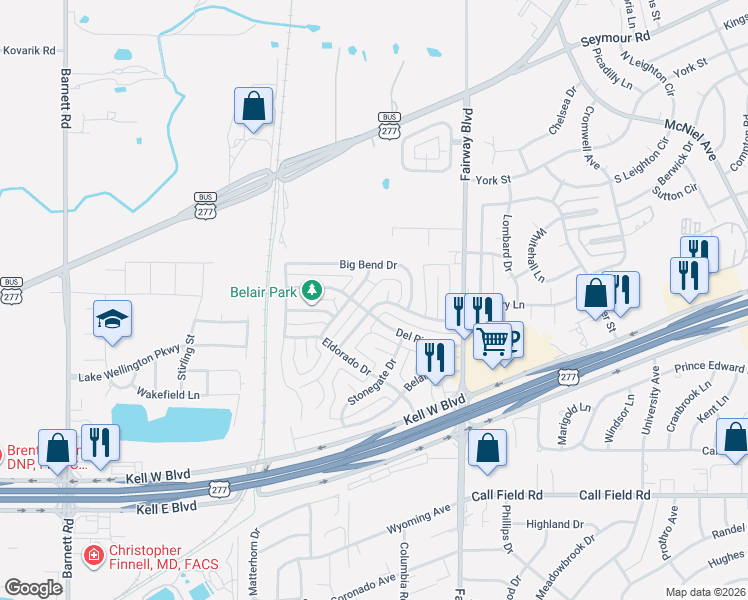 map of restaurants, bars, coffee shops, grocery stores, and more near 3611 Lesley Heights in Wichita Falls