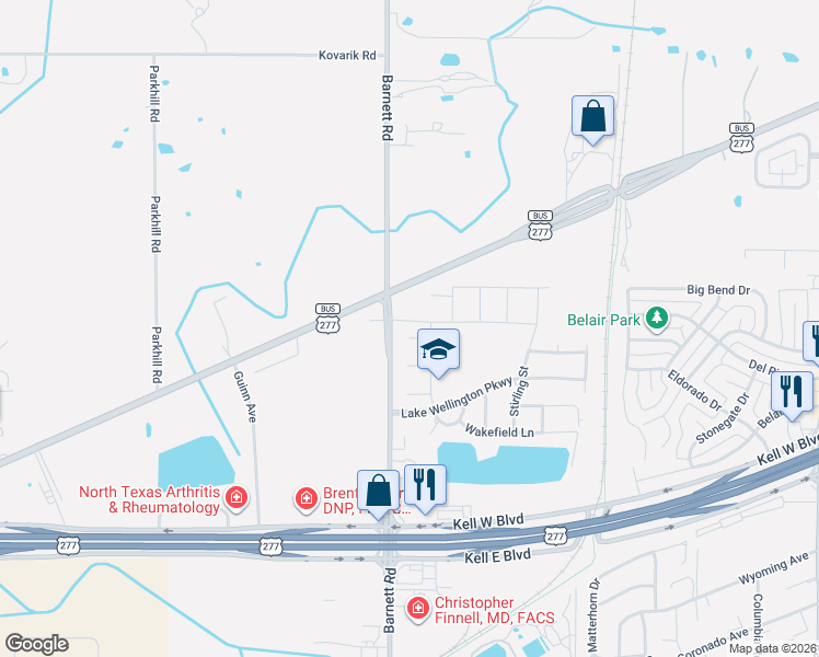 map of restaurants, bars, coffee shops, grocery stores, and more near 3601 Barnett Road in Wichita Falls