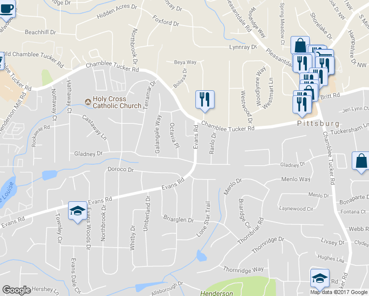map of restaurants, bars, coffee shops, grocery stores, and more near 3065 Octavia Place in Doraville