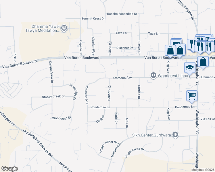 map of restaurants, bars, coffee shops, grocery stores, and more near 16575 Bonanza Drive in Riverside